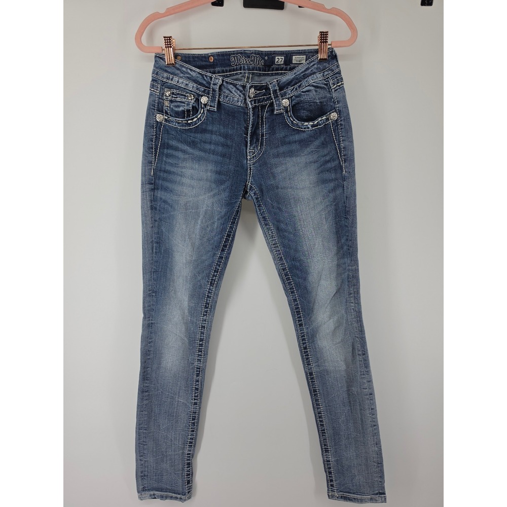 Miss Me Signature Skinny Jeans 27 Blue Embellished Cross JE8505SR Rhinestone Y2K